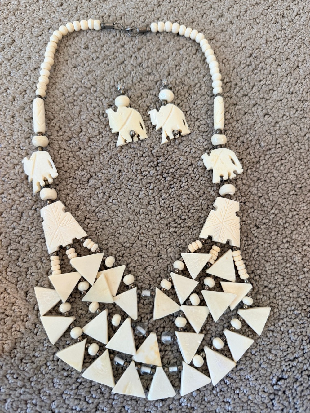 Vintage Carved Bone Elephants and Beads Statement Necklace Matching Earring Set